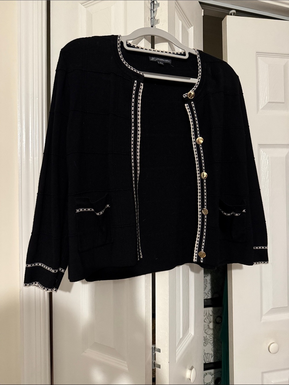Adrianna Papell Black Jacket with White Braid and Gold Trim